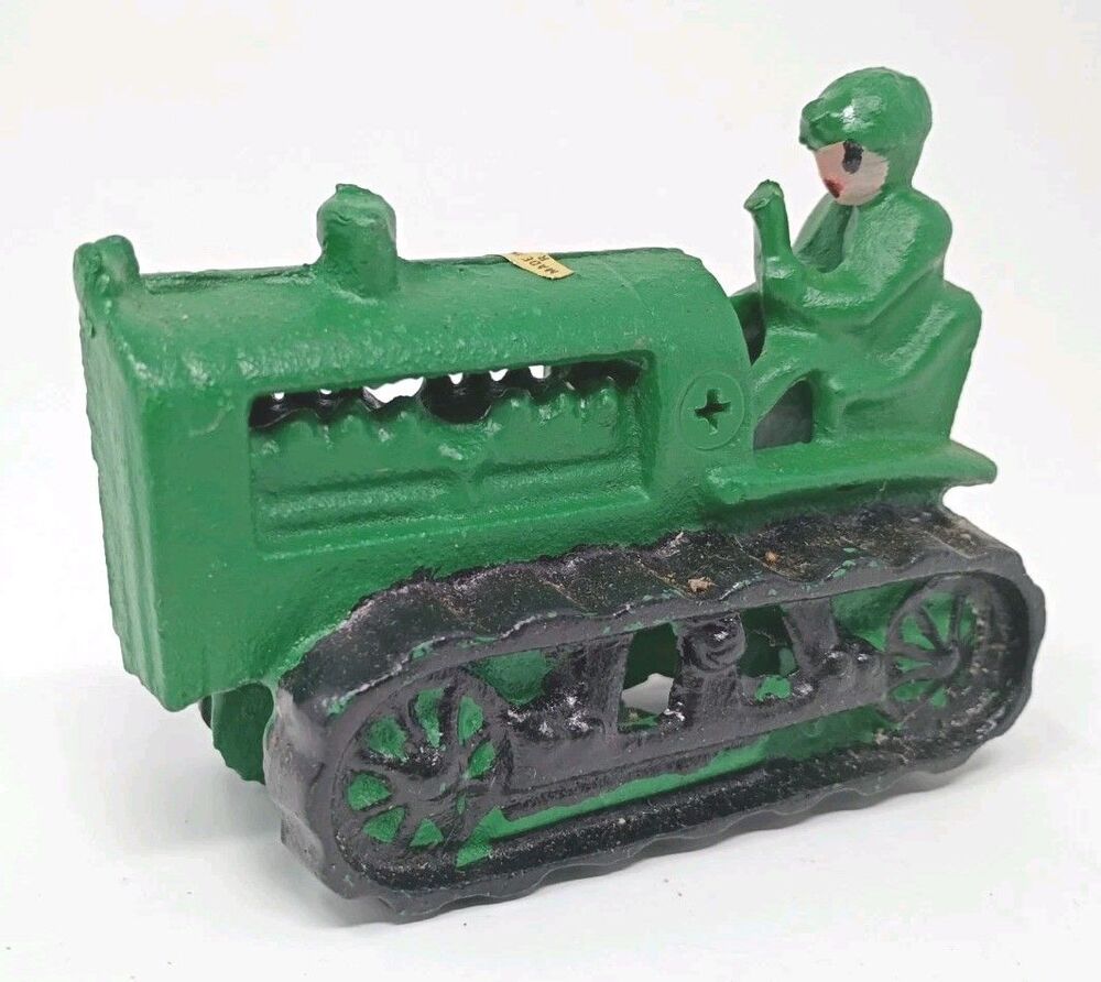 Vintage  Caterpillor  Cast Iron Green Dozer Toy Construction Vehicle